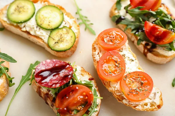 Tasty Sandwiches Cream Cheese Tomatoes Cucumber Board Closeup — Stock Photo, Image