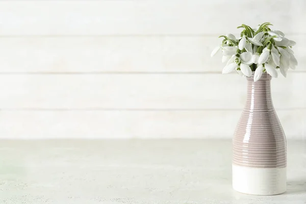 Vase Beautiful Snowdrops White Wooden Background — Stock Photo, Image