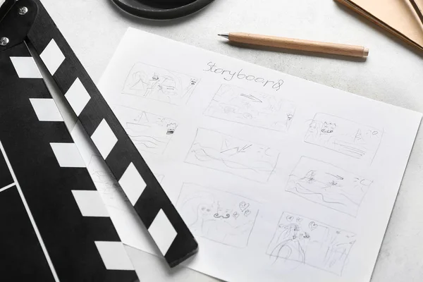 Film Clapper Avec Storyboard Sur Fond Clair Gros Plan — Photo
