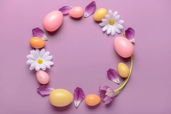 Frame Made Easter Eggs Flowers Lilac Background — Stock Photo, Image