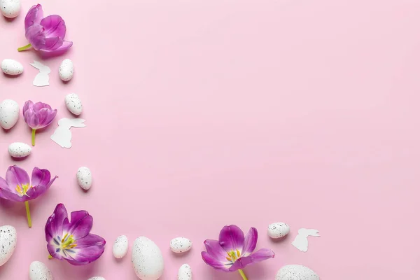 Frame Made Easter Eggs Tulips Paper Rabbits Pink Background — Stock Photo, Image
