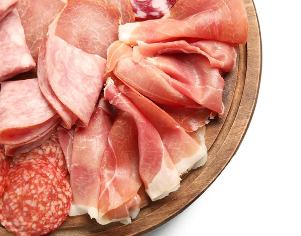 Wooden Board Assortment Tasty Deli Meats Isolated White Background Closeup — Stock Photo, Image