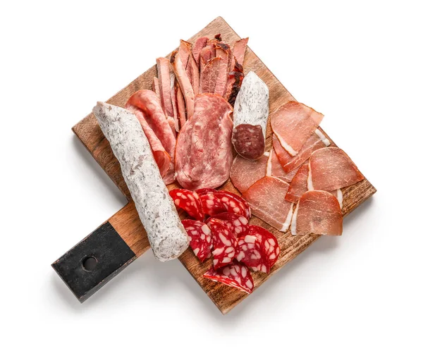 Wooden Board Assortment Tasty Deli Meats Isolated White Background — Stock Photo, Image