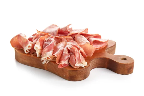 Wooden Board Assortment Tasty Deli Meats Isolated White Background — Stock Photo, Image