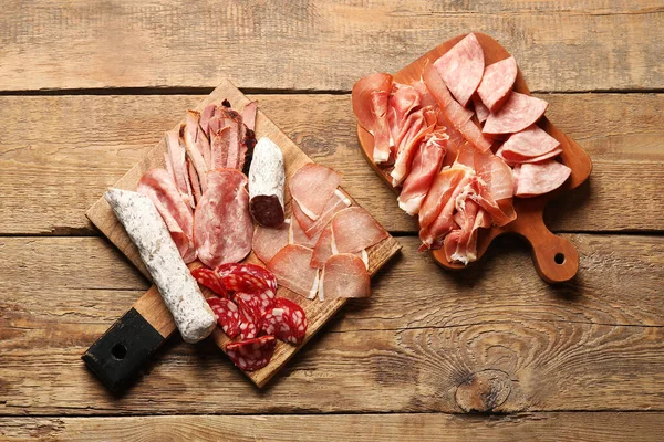 Boards Assortment Tasty Deli Meats Wooden Background — Stock Photo, Image