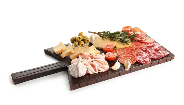 Wooden Board Assortment Tasty Deli Meats Cheese Isolated White Background — Stock Photo, Image
