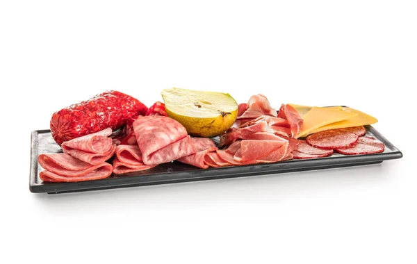 Board Assortment Tasty Deli Meats Isolated White Background — Stock Photo, Image
