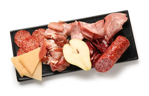 Board Assortment Tasty Deli Meats Cheese Isolated White Background — Stock Photo, Image