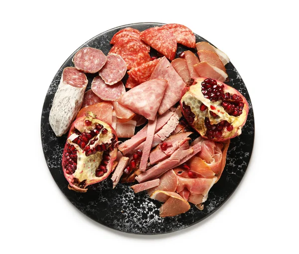 Slate Plate Assortment Tasty Deli Meats Isolated White Background — Stock Photo, Image