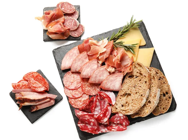 Slate Plates Assortment Tasty Deli Meats Bread Isolated White Background — Stock Photo, Image