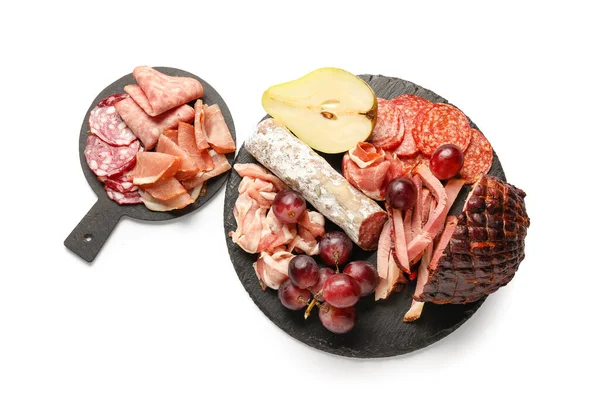 Slate Plate Board Assortment Tasty Deli Meats Isolated White Background — Stock Photo, Image
