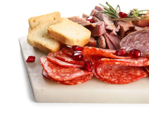 Board Assortment Tasty Deli Meats Isolated White Background Closeup — Stock Photo, Image