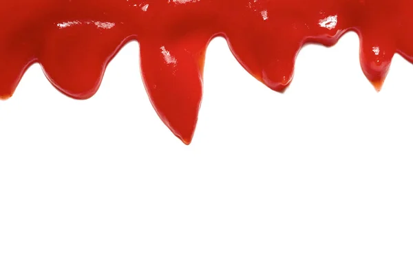 Gemorst Smakelijke Ketchup Geïsoleerd Witte Achtergrond Close — Stockfoto