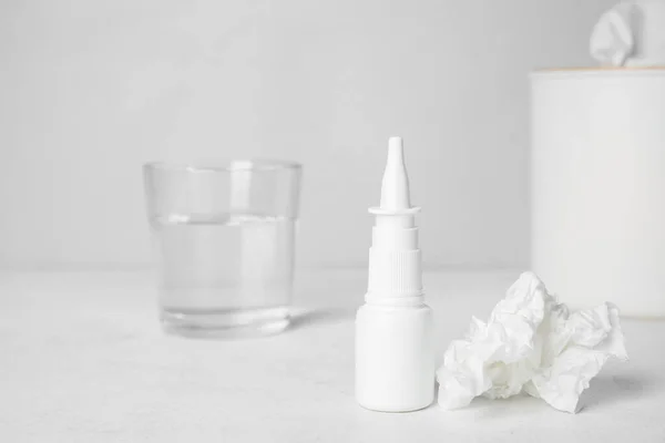 Nasal Drops Tissue Glass Water Table Grey Wall Closeup Allergy — Stock Photo, Image