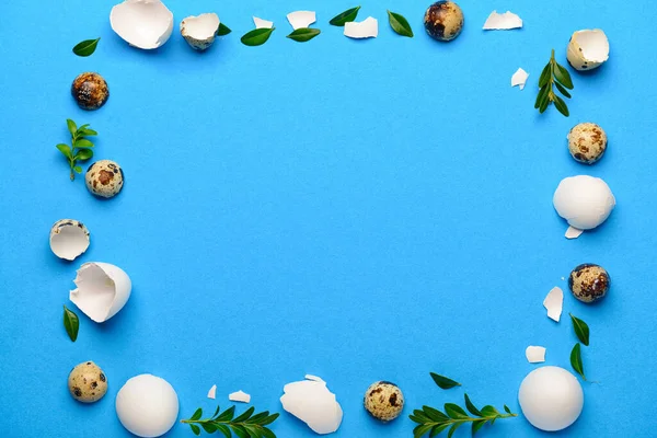 Telaio Fatto Uova Pasqua Foglie Piante Sfondo Blu — Foto Stock