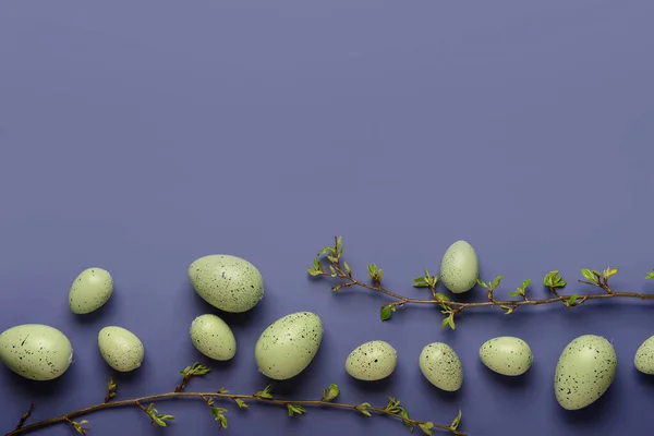 Composition Easter Eggs Plant Branches Grey Background — Stock Photo, Image