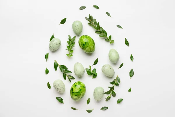 Creative Composition Easter Eggs Plant Leaves White Background — Stock Photo, Image