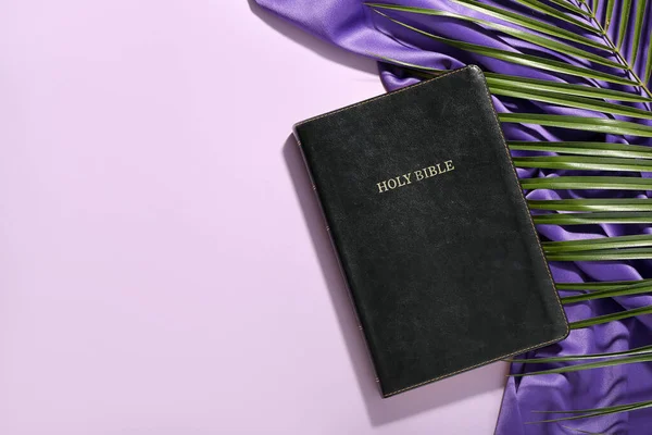 Holy Bible Palm Leaf Purple Fabric Lilac Background Good Friday — Stock Photo, Image