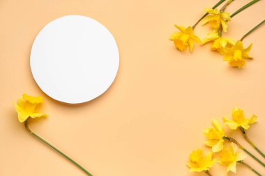 Güzel narsisus ve renkli arkaplanda yuvarlak boş kart