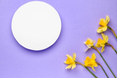 Güzel narsisus ve renkli arkaplanda yuvarlak boş kart