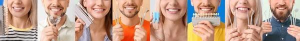 Kolaż Młodych Ludzi Zdrowymi Zębami Narzędziami Stomatologicznymi Wykresem Kolorów Zębów — Zdjęcie stockowe