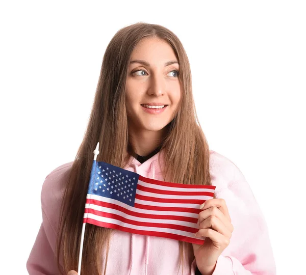 Piękna Kobieta Trzyma Flagę Usa Białym Tle — Zdjęcie stockowe