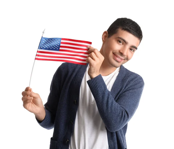 Mladý Muž Drží Vlajku Usa Bílém Pozadí — Stock fotografie