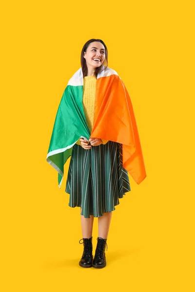 Young Woman Flag Ireland Yellow Background — Stock Fotó