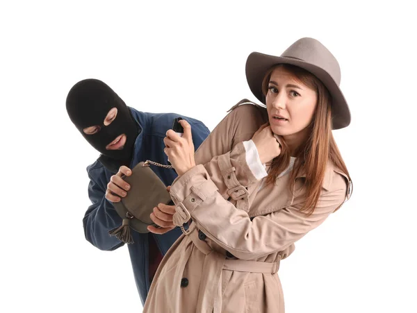 Young Woman Pepper Spray Defending Herself Thief White Background — Fotografia de Stock