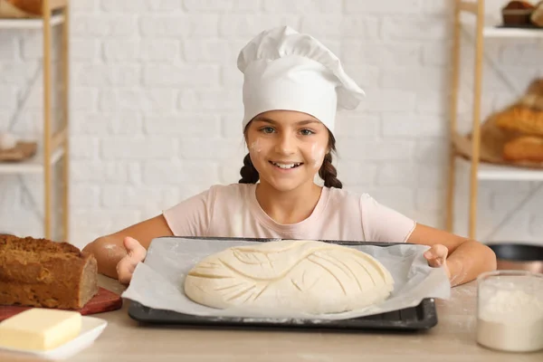 Little Baker Holding Tray Raw Bread Kitchen — Stock Photo, Image