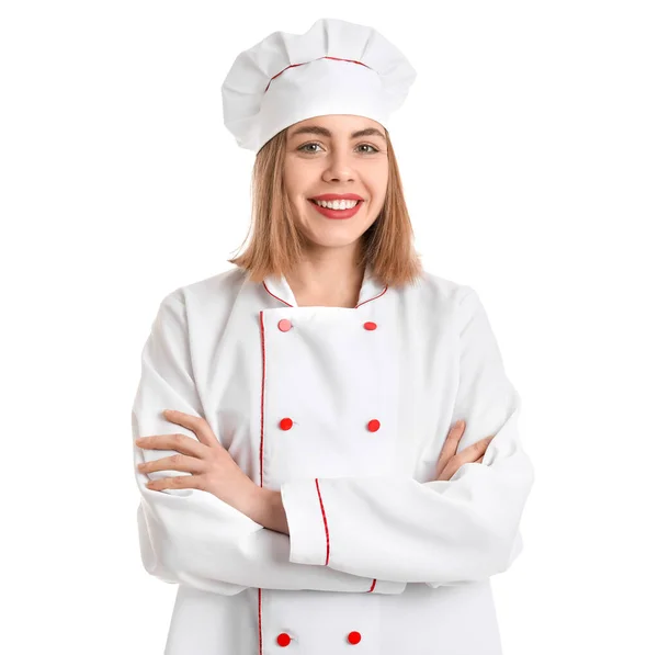 Vrouwelijke Bakker Uniform Witte Achtergrond — Stockfoto