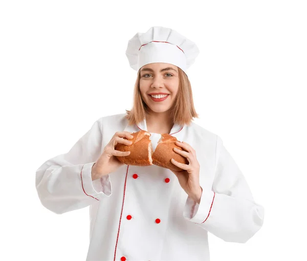 Female Baker Fresh Bread White Background —  Fotos de Stock