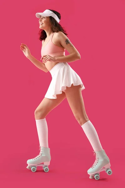 Young Woman Roller Skates Pink Background — Foto de Stock