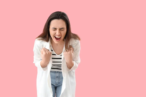 Stressed Screaming Woman Pink Background — Stock Photo, Image