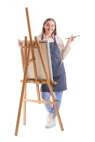 在白色背景上画画笔和画架的老师 — 图库照片
