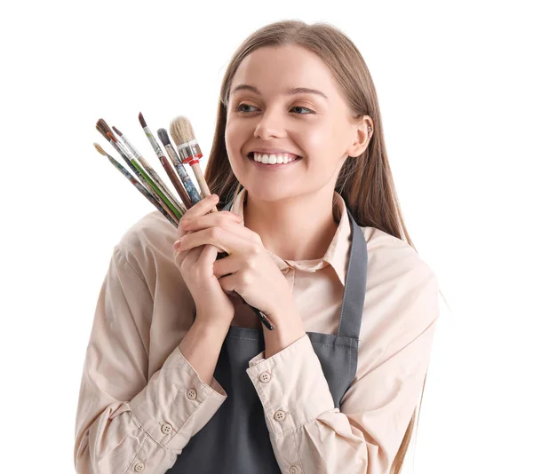 Drawing Teacher Paint Brushes White Background — Stock Photo, Image
