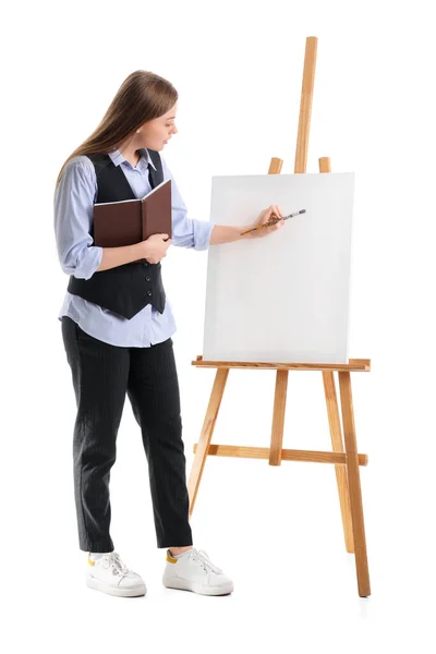 Drawing Teacher Book Brush Easel White Background — Stock Photo, Image