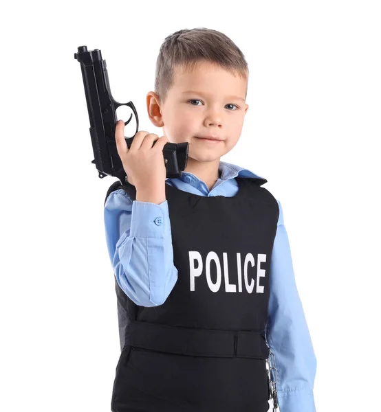 Rolig Liten Polis Med Pistol Vit Bakgrund — Stockfoto