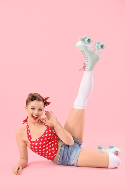 Young Pin Woman Roller Skates Pink Background — 图库照片