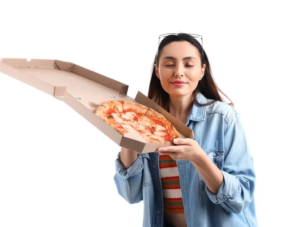 Νεαρή Γυναίκα Κουτί Πίτσα Λευκό Φόντο — Φωτογραφία Αρχείου