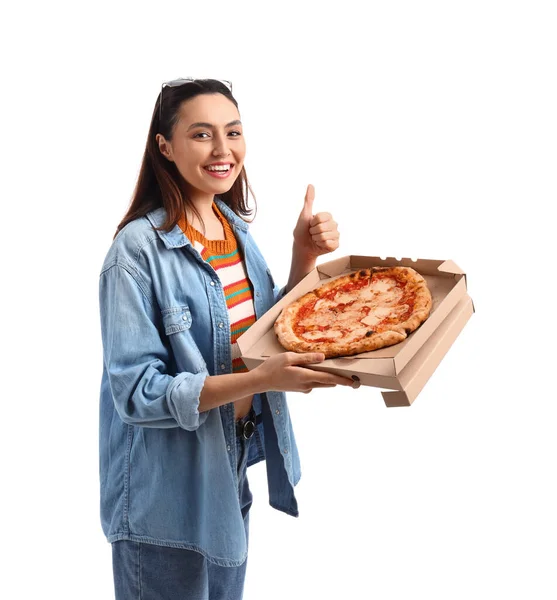 Jovem Com Caixa Pizza Fundo Branco — Fotografia de Stock