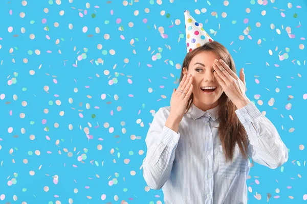 Happy Businesswoman Celebrating Birthday Blue Background — Stock Photo, Image