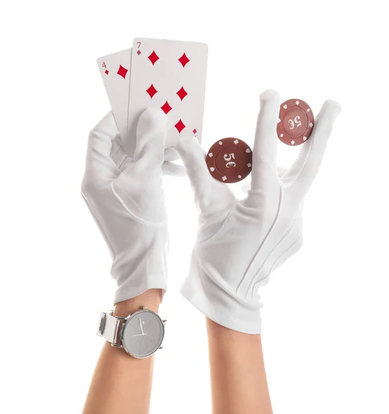 Kol Saati Poker Fişleri Beyaz Arka Planda Kartları Olan Bir — Stok fotoğraf