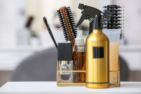 Hair Spray Accessories Table Beauty Salon Closeup — Stock Photo, Image