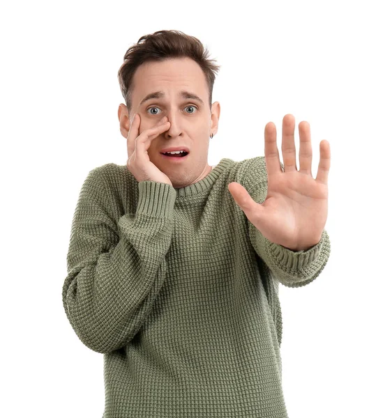 Scared Young Man White Background — Stock Photo, Image
