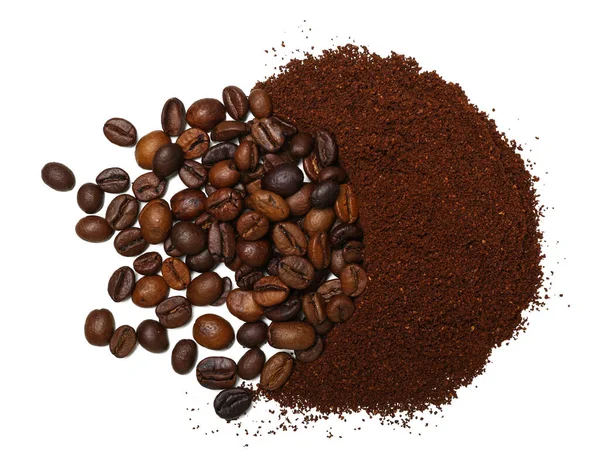 Kaffe Pulver Och Bönor Isolerad Vit Bakgrund — Stockfoto