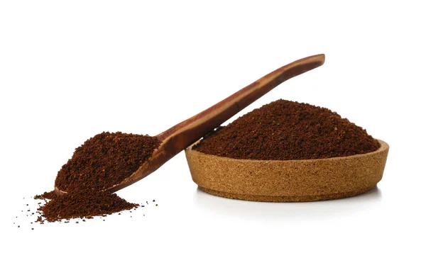 Skål Och Sked Med Kaffe Pulver Isolerad Vit Bakgrund — Stockfoto