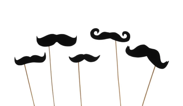 Ensemble Moustaches Papier Sur Bâtons Bois Sur Fond Blanc — Photo