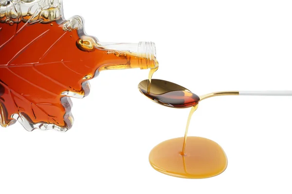 Pouring Tasty Maple Syrup Bottle Spoon White Background Closeup — Zdjęcie stockowe