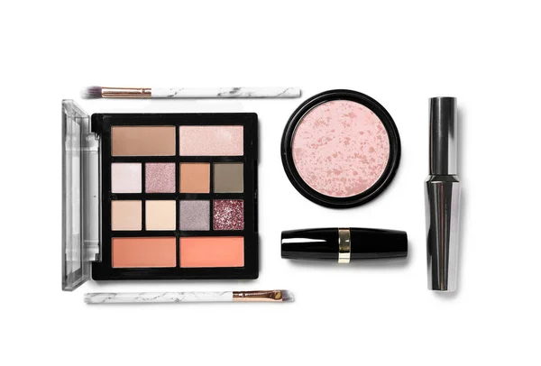 Composition Decorative Cosmetics Makeup Brushes Isolated White Background — Stock Photo, Image